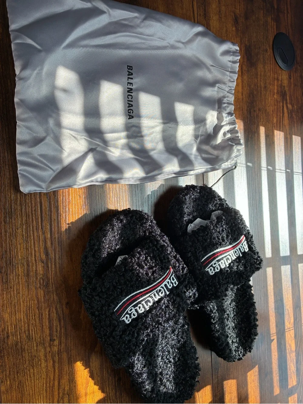 Balenciaga Black Fuzzy Logo Slide Sandals with Red-White Accent
